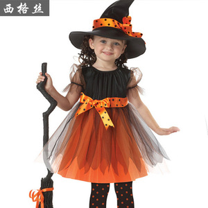 Disfraz de bruja para niños, vestido tutú naranja y negro con sombrero y escoba para fiesta de Halloween, cosplay para niñas - Product Image 1