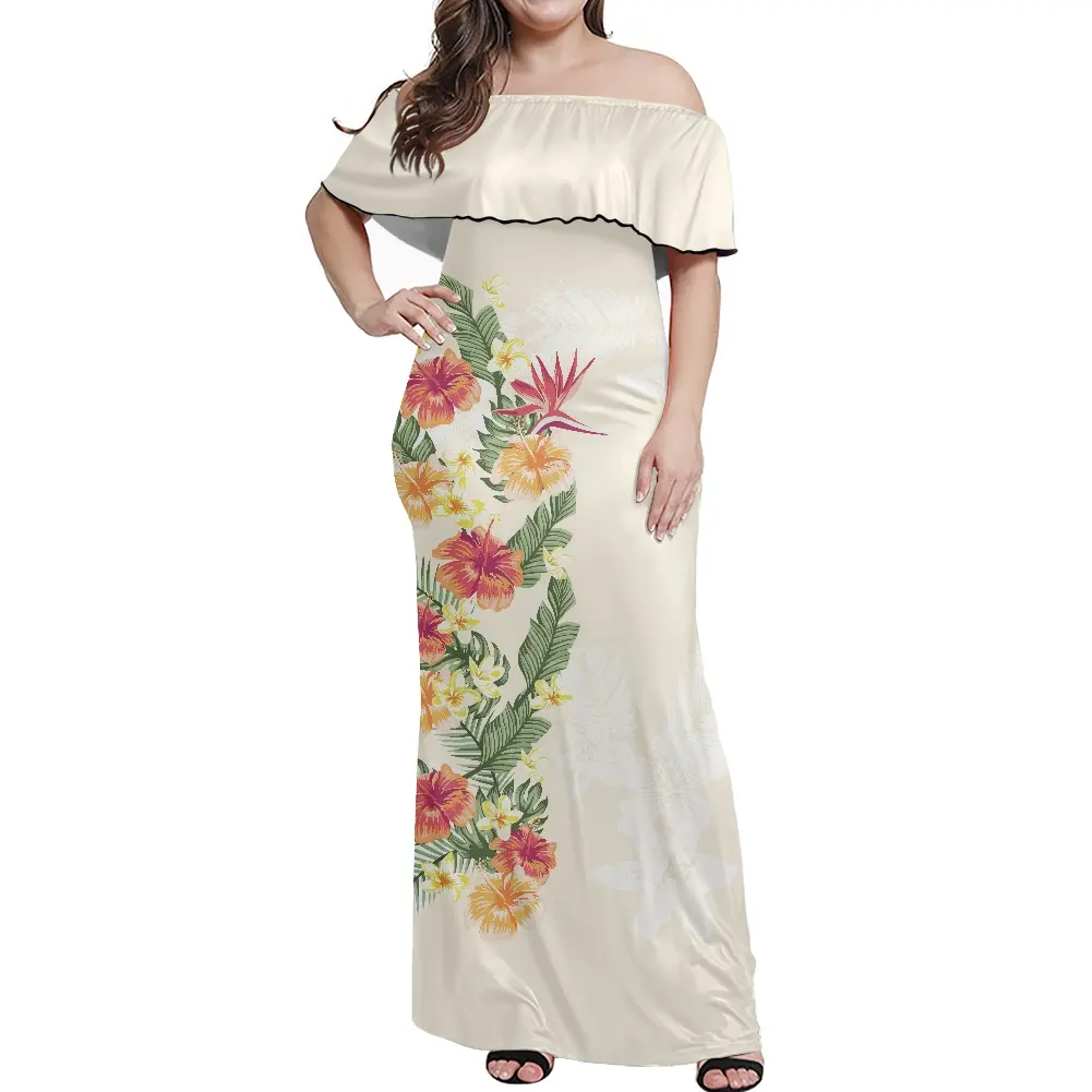 Women Casual Dresses Maxi Summer Off Shoulder Puletasi Style Polynesian Cream-colored Maxi Dress Custom Clothing Manufacturers