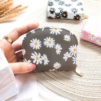 Dompet Kartu PU motif bunga desain Daisy kompak wanita panjang pendek dengan ritsleting & dompet koin lapisan poliester portabel
