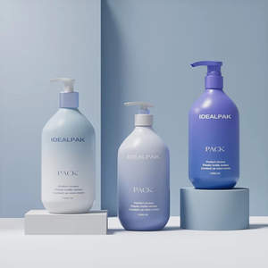 Bouteille de shampooing et de lotion pour le corps en PET ronde de 1000 ml, design unique <span class=keywords><strong>bleu</strong></span> et blanc, avec pulvérisateur à pompe et revêtement UV imprimé à l'écran - Product Image 2