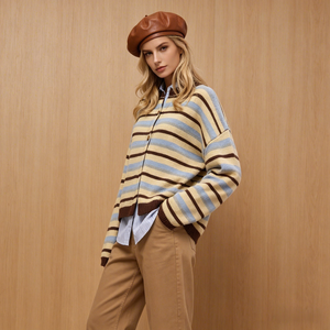 Cardigan da <span class=keywords><strong>Donna</strong></span> a Righe Beige Blu <span class=keywords><strong>Marrone</strong></span> in <span class=keywords><strong>Maglia</strong></span> Intrecciata, Collo Tondo, Bottoni, Maniche Lunghe, Stile Vintage Casual per Autunno Inverno - Product Image 3