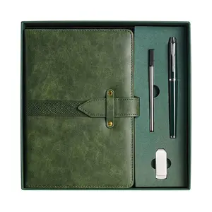 Groothandel Luxe Lederen Hoes Usb Flash Disk Metalen Pen Recycle Papier A5 Dagboek Hardcover Notebook Cadeau Sets