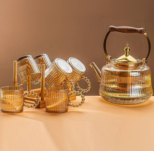 Juego de <span class=keywords><strong>tetera</strong></span> de compra a granel de fábrica china, juego de tazas de jarra de agua de vidrio, jarra de agua elegante con bandeja de madera - Product Image 2