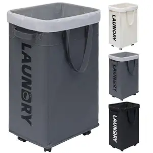 Slim Collapsible Large Capacity Folding Bag Rolling Movable Hotel Laundry Hamper Corner Laundry Area Basket Cart With Wheels
