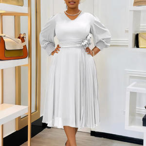 新款欧美a线大码连衣裙优雅春裙纽扣装饰纯色正面天然雪纺 - Product Image 2