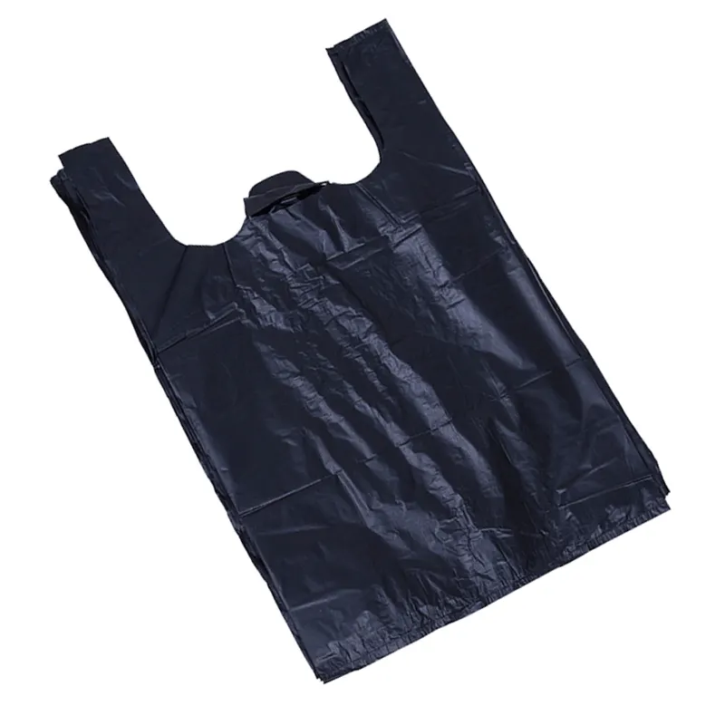 สีดำนำมาใช้ใหม่พลาสติก Tshirt ถุงโพลีพับถุงพลาสติกร้านขายของชำสำหรับช้อปปิ้ง