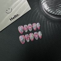 Lot de 10 faux ongles Aurora sirène courts en amande, faits à la main, à presser, réutilisables, de luxe, avec fleurs 3D, pour les vacances d'été