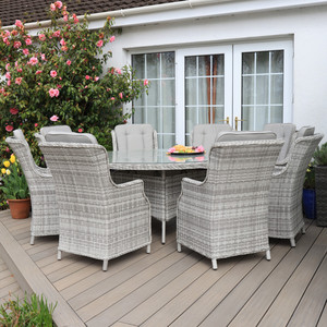 Audu Table ronde style classique <span class=keywords><strong>Victoria</strong></span> et huit chaises Cadre en aluminium Rotin métal avec verre pour ateliers de loisirs en plein air - Product Image 2