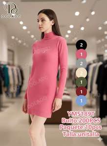 YMS189T Abito da donna in maglia a collo alto, a maniche lunghe, aderente, tinta unita, casual, per tutti i giorni, lunghezza sopra il ginocchio, stile autunnale - Product Image 3