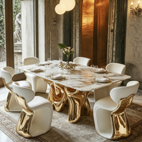 Ensemble de table à manger en fibre de verre de luxe, base en métal doré, plateau en marbre blanc, 4 chaises courbes, meubles pour la maison et les restaurants