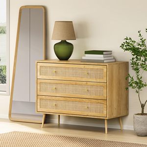 Combohome <strong>Chest</strong> <strong>of</strong> <strong>Drawers</strong> for Bedroom Scandi Style 3 <strong>Drawer</strong> Natural Rattan <strong>Drawer</strong> Organiser with Metal <strong>Handle</strong> &amp; Tapered Legs - Product Image 1