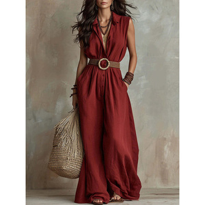 Mono sin mangas con cuello en V y botones frontales, cinturón tejido, pierna ancha y holgada, estilo casual para <span class=keywords><strong>mujer</strong></span> - Product Image 1