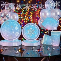 Ensemble de vaisselle jetable pour fête sur le thème des flocons de neige d'hiver, assiettes en papier bleu dégradé, gobelets, serviettes, nappe, thème Frozen, anniversaire d'enfants