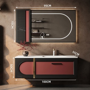 Original French retro rock slab integrated basin <b>oak</b> high-end wall mounted bathroom cabinet - Product Image 3