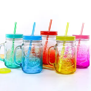 Vasos de jarra de vidrio personalizados de grado alimenticio, sin plomo, con tapa y paja, venta al por mayor