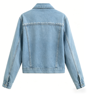 Veste en jean décontractée pour femme printemps-automne avec col boutonné orné de perles, style blazer, manches longues - Product Image 3