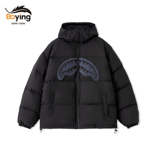 Blouson matelassé pour femme avec capuche graphique - Manteau d'hiver unisexe à motif bouche de requin, veste courte chaude style streetwear - Product Image 1