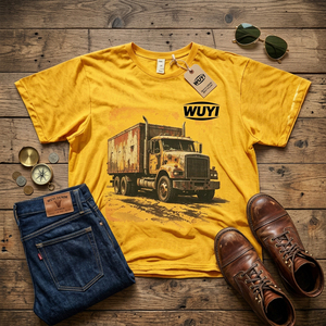 เสื้อยืดลายกราฟิกวินเทจสำหรับผู้ชาย ผ้าฝ้าย 100% เนื้อหนา พิมพ์ลายรถบรรทุกสไตล์เรโทร สีเหลืองมัสตาร์ด เสื้อผ้าสตรีทแวร์ลำลองทรงโอเวอร์ไซส์ - Product Image 3