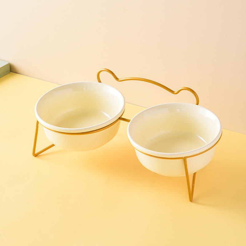 White Double Bowls with Gold Stand