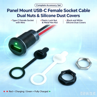 Connecteur USB-C femelle à montage sur panneau LN-006, câble 24AWG de 15 cm, connecteur Type-C fileté avec deux indicateurs de charge LED rouge et vert