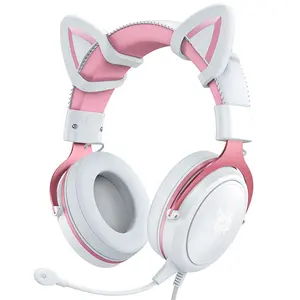 ONIKUMA หูฟังเกมมิ่ง2022สีขาว,หูฟังแบบมีสายหูฟังมีไฟ LED หูแมวพร้อมไมค์และหูรถแบบถอดออกได้ของแท้ X10