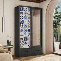 Armoire en acier imprimé motif Azulejo bleu et blanc, 1200 mm, 2 portes coulissantes avec miroir et tiroirs, armoire métallique pour chambre à coucher