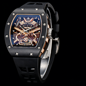 Montre mécanique automatique pour homme, classique, de forme tonneau, ajourée, personnalisée, décontractée, avec éclairage nocturne, en fibre de carbone noire, style Jedi - Product Image 2