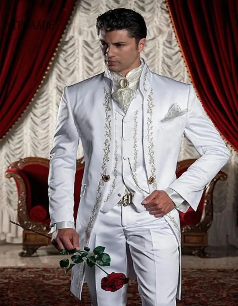 2022 Latest Luxury White Embroidery 3 Pieces Groomsmen Wedding Mandarin Collar Men's Suits Blazer Costume Homme Tuxedos Skinny