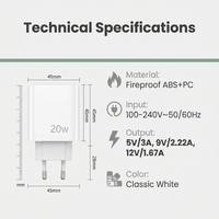 Cargador de Viaje Dual Port 20W PD QC, Tipo-C + USB-A, Compacto, Blanco, Enchufe Europeo, Mini Cargador Portátil para Smartphone