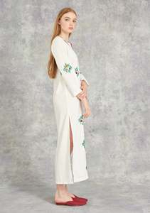 Robe maxi décontractée blanche à manches courtes, à taille naturelle, à ouverture latérale, brodée de fleurs, pour femmes, 100% coton tissé - Product Image 2