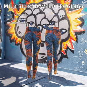 92% Polyester 8% Spandex Double Side <b>Brushed</b> Milk Silk Breathable Seamed Mid Waist Casual 3D Print Women Leggings Black <b>Weeds</b> - Product Image 2