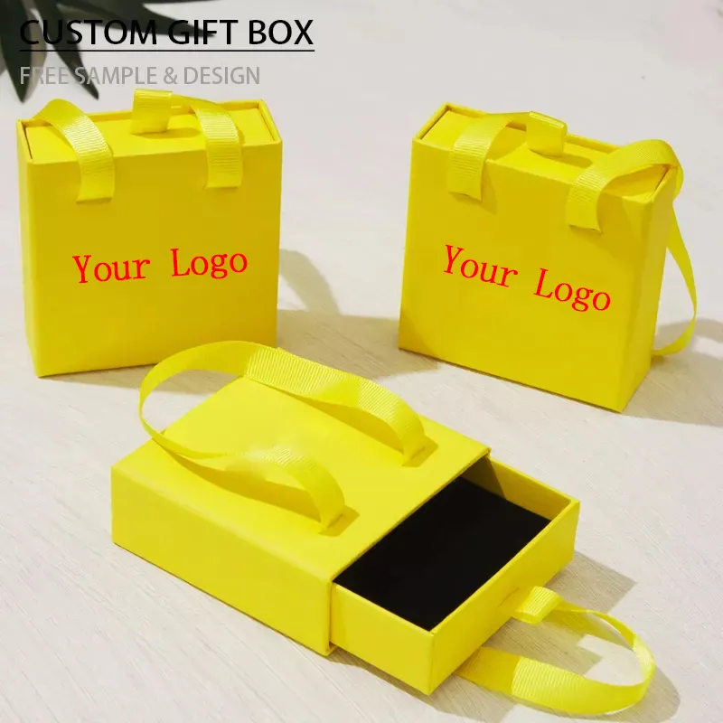 Wholesale Gold Stamping Logo Gift Jewelry Box Luxury With Foam Insert Ribbon Handle Design Packaging Jewelry Box