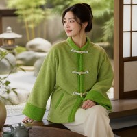 Veste ANQI Elegance de style chinois vintage, col mandarin, broderie, un seul bouton, en polaire sherpa, manches évasées