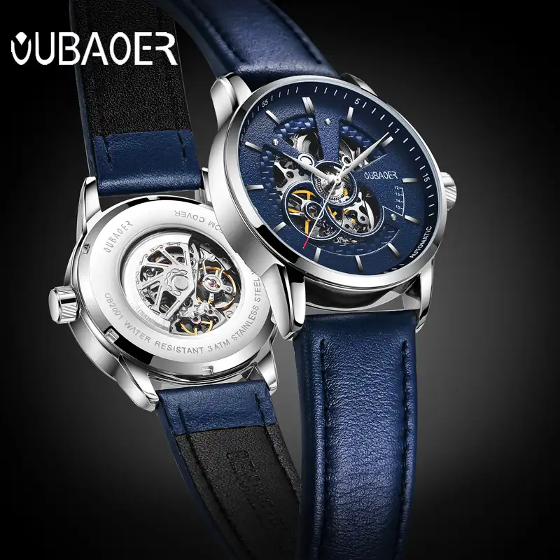 Новинка 2001, темно-синие мужские механические часы OUBAOER, стильные часы с ремешком из натуральной кожи, декоративные автоматические спортивные часы с персонажами