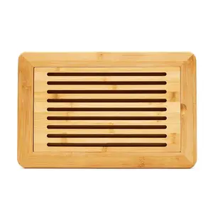 Custom Wood Bread Slicer Serving Platter Large Bamboo Bread Cutting Board With Crumb Catcher Tray For Kitchen Countertop