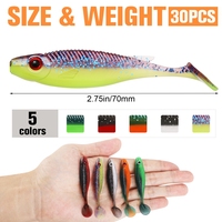 30 pièces/boîte Leurres souples en caoutchouc TPR de haute qualité, avec œil de poisson 3D simulé, queue en T, queue à ailettes, type Minnow/Jigging, pour la pêche en rivière