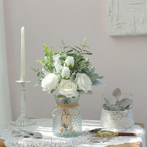 Livraison rapide, fleurs artificielles de haute qualité, 5 têtes de roses en soie faites à la main, <span class=keywords><strong>eucalyptus</strong></span>, vase en verre, bouquet de fleurs de mariage - Product Image 5