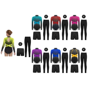 Girls Gymnastics Leotard Set Rhinestone High Collar Gradient Sleeve Back Cutout with Shorts Leggings Scrunchie Dance Wear Custom - Product Image 1