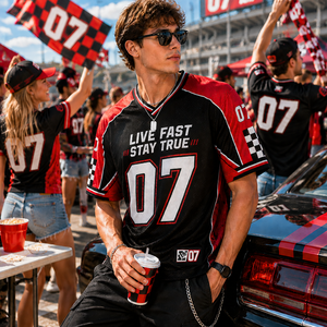 Camiseta Personalizada de Carreras con Bandera a Cuadros, Estilo Deportivo, Manga Corta, Número de Equipo, Sublimación, para Eventos - Product Image 1