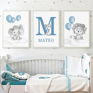 Affiche personnalisée avec le nom de bébé, animaux de dessin animé, lion, éléphant, peinture sur toile, art mural pour <span class=keywords><strong>chambre</strong></span> d'enfant, impression, décoration de la maison - Product Image 1