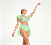 Costume de danse lyrique vert menthe personnalisé pour femmes et filles, justaucorps à manches bouffantes avec strass, jupe en maille, tenue de scène