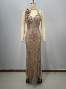 LF2385A <span class=keywords><strong>Abito</strong></span> <span class=keywords><strong>da</strong></span> Sera Elegante a Sirena <span class=keywords><strong>Monospalla</strong></span> con Perline di Cristallo Oro Champagne e Rose 3D - Product Image 2