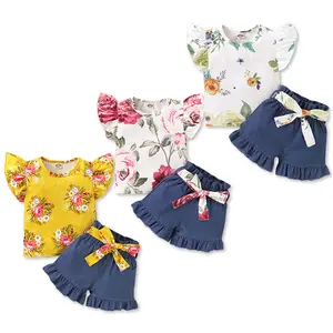 Children Wear 2021 New Sleeveless Floral Sunflower Print Blouse Belt Jean Shorts Two Piece Set Kids Clothes Suit