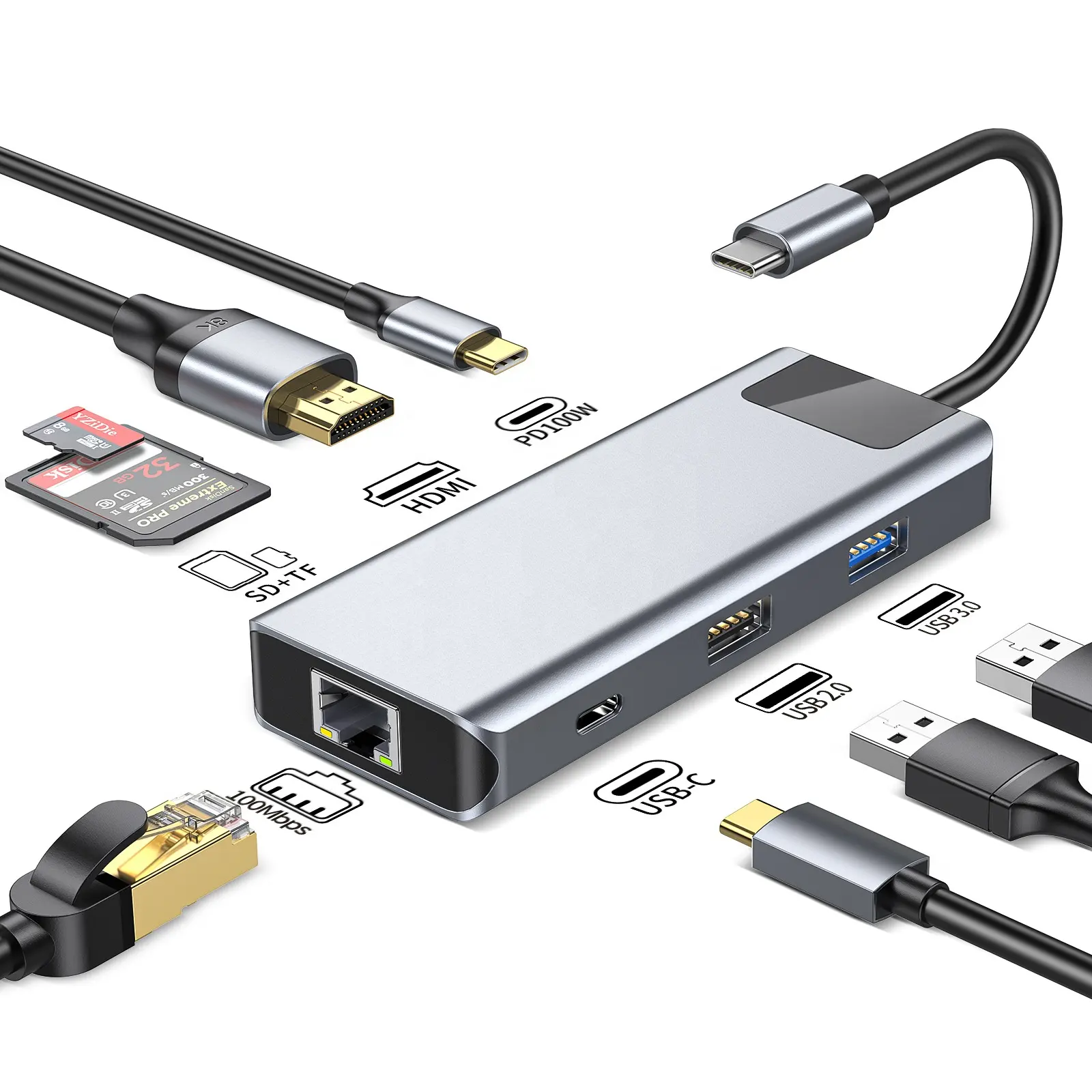 محطة إرساء متعددة الوظائف من المصنع 8 في 1 للحواسيب المحمولة محطة إرساء من النوع C إلى USB 3.0 2.0 مهايئ SD TF Hub USB