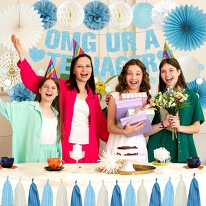 Décorations pour le 13e <span class=keywords><strong>anniversaire</strong></span>, bleu clair pailleté OMG Tu es une adolescente |   Bannière Joyeux <span class=keywords><strong>13</strong></span>ème <span class=keywords><strong>Anniversaire</strong></span>, Éventails en Papier, Pompons pour Garçons et Filles - Product Image 2