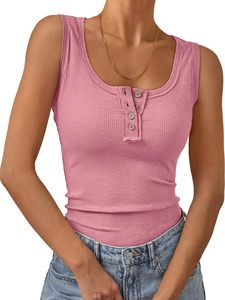 Camiseta sin mangas básica de canalé para mujer, cuello redondo, con botones, ajustada, informal, 100% algodón, transpirable - Product Image 1