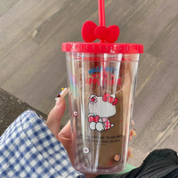 Vaso de Café de Plástico con Tapa y Pajita, Bonito y Portátil, de Gran Capacidad (500 ml), para Oficina, Estudiantes, Hombres y Mujeres, con Diseño de Lazo