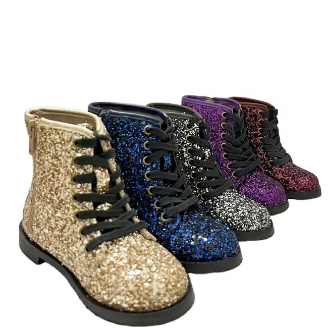 New style match color lace-up toddler kids Martin boots shiny glitter short boots for girls party
