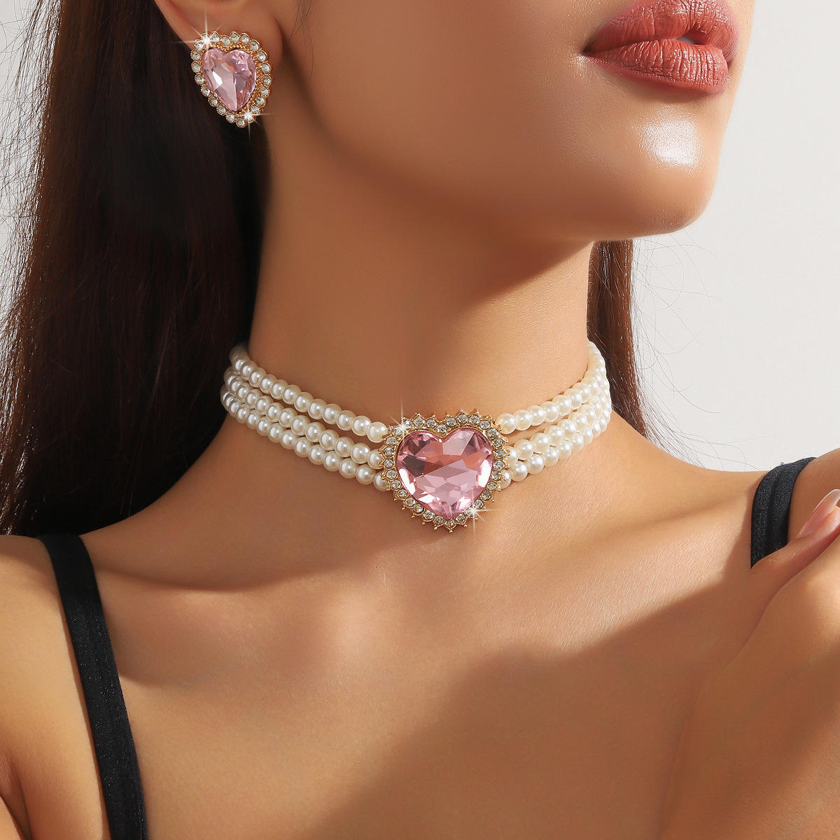 Jxjl21324-pink hearts crystal set