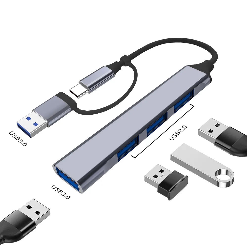 قاعدة توسعة من النوع C مركز USB للهاتف USB 3.0 مركز متعدد المنافذ 4 في 1 من سبائك الألومنيوم 2 في 1